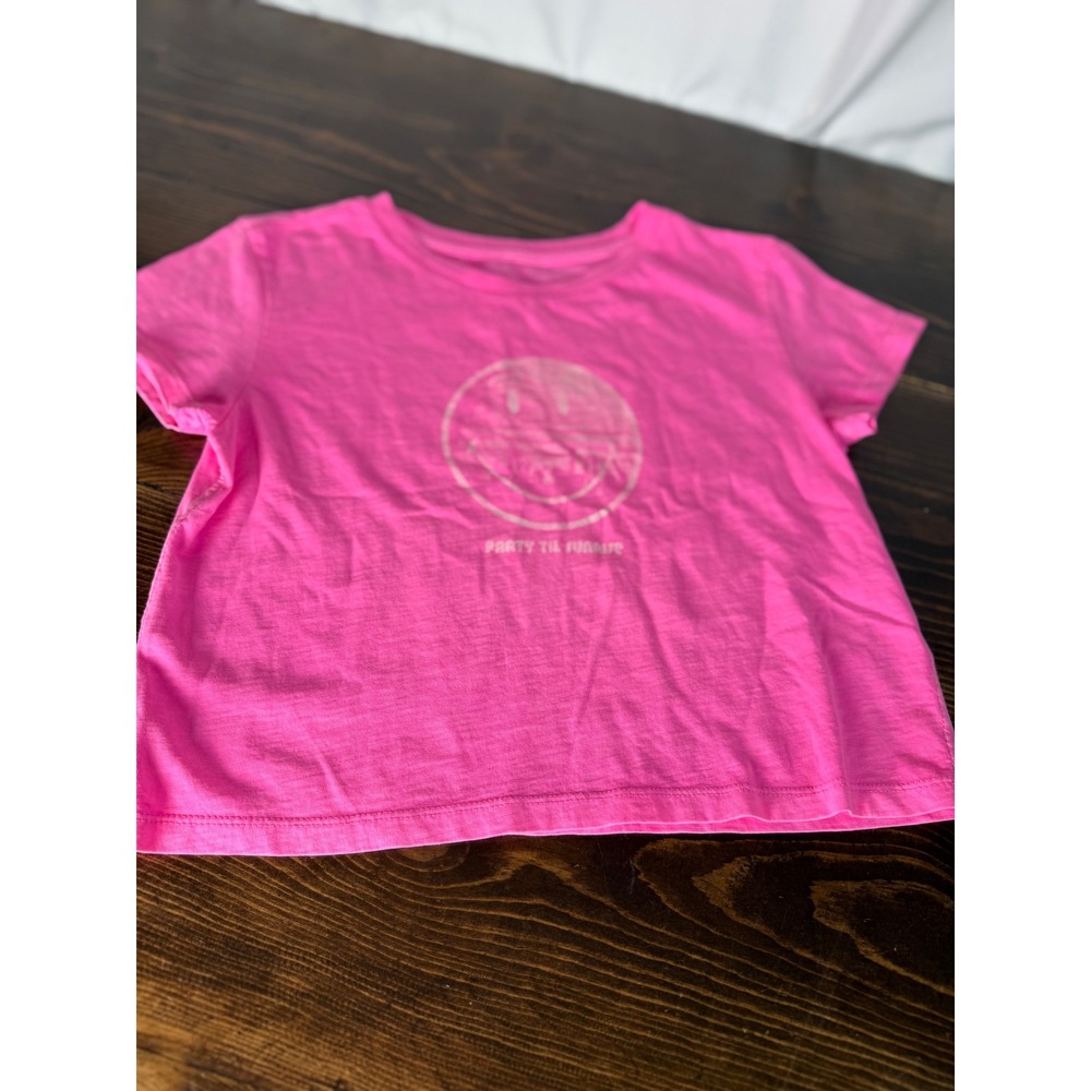 Aerie Smiley Face Graphic Tee Neon Pink Party Til Sunrise Crop Top Small‎